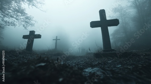 Misty Graveyard with Crosses in Fog