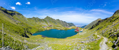 Fototapeta Naklejka Na Ścianę i Meble -  Aerial view of Balea lake in Fagaras mountains - Romania, Transfagarasan road