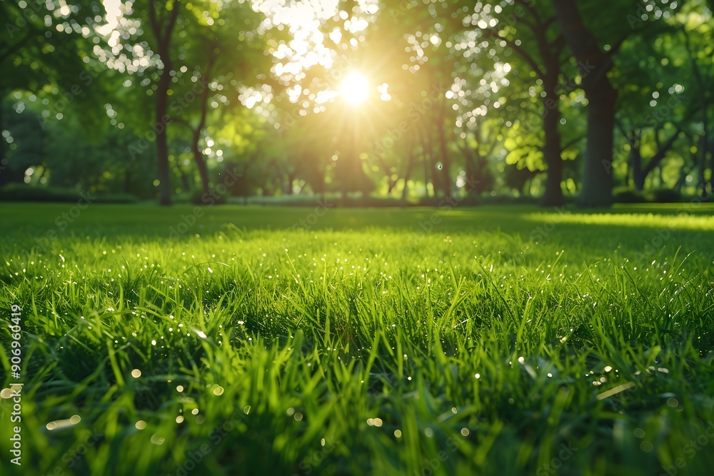 Serene Morning Light Shining Through Lush Green Grass in a Tranquil Park Setting Serene Morning Light Shining Through Lush Green Grass in a Tranquil Park Setting