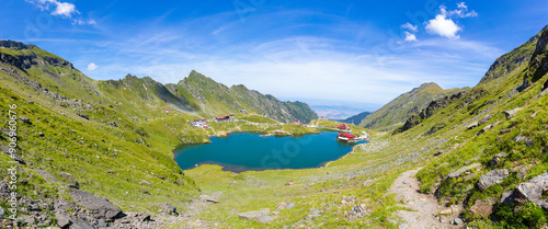 Aerial view of Lake Balea in the Fagaras Mountains - Romania in summer photo