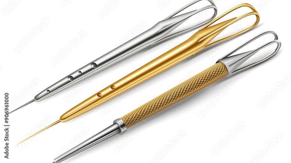 Gold and silver sewing needles. Sewing tools. Vector 3D realistic illustration on a white background. Gold and silver sewing needles. Sewing tools. Vector 3D realistic illustration on a white background.