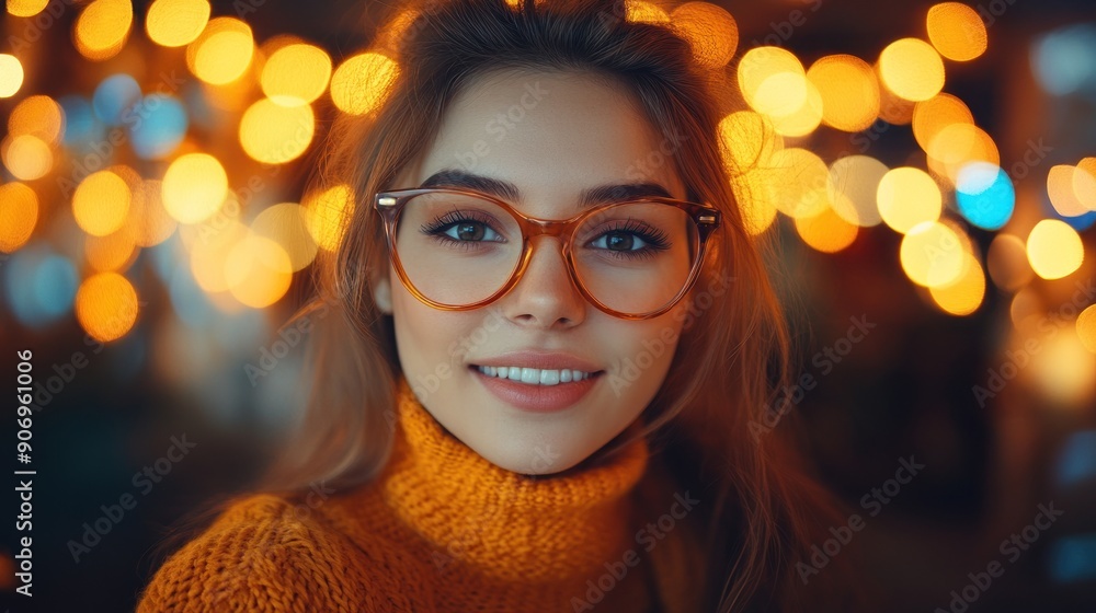 A young woman smiles warmly in a cozy setting filled with twinkling lights A young woman smiles warmly in a cozy setting filled with twinkling lights