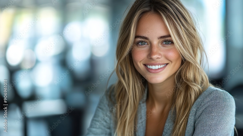Obraz premium A cheerful woman sits in a cafe, radiating warmth and happiness with her smile
