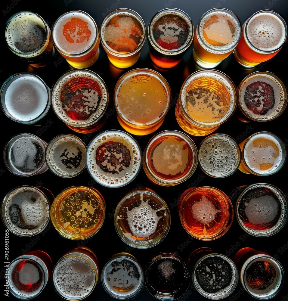 Aerial View of Diverse Beer Varieties and Lagers on Display, Celebrating the Art of Brewing in a Pub Setting Aerial View of Diverse Beer Varieties and Lagers on Display, Celebrating the Art of Brewing in a Pub Setting
