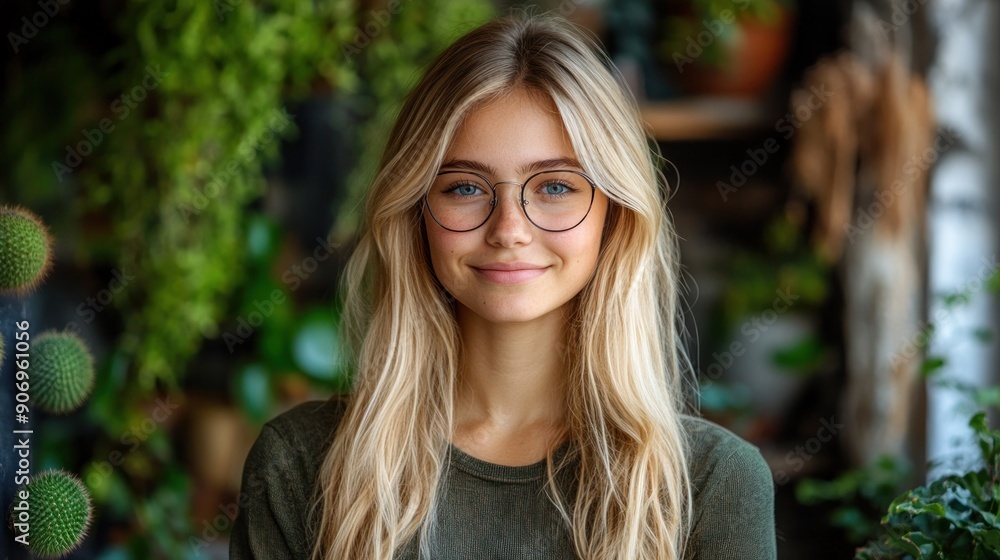 A young woman smiles while surrounded by various lush indoor plants A young woman smiles while surrounded by various lush indoor plants