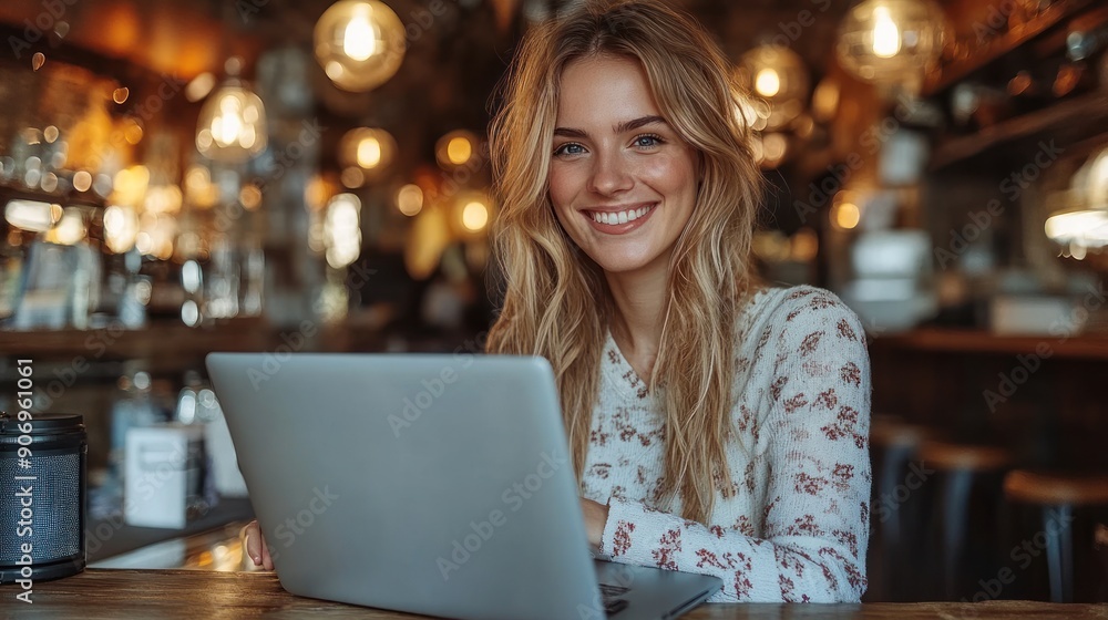 A woman with long hair enjoys working on her laptop in a warm cafe A woman with long hair enjoys working on her laptop in a warm cafe