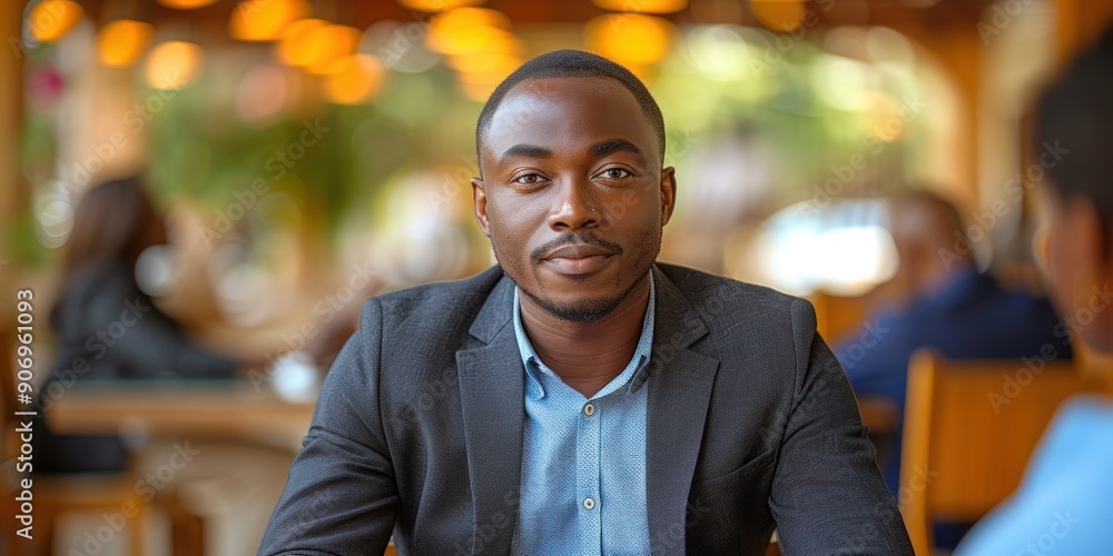 Obraz premium A man in a suit smiles while seated at a wooden table in a lively restaurant
