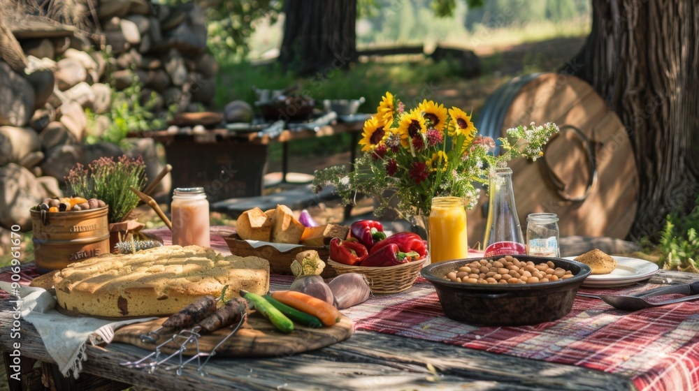 A vibrant table is set outdoors, adorned with colorful dishes, fresh vegetables, and blooming flowers in a serene clearing. A vibrant table is set outdoors, adorned with colorful dishes, fresh vegetables, and blooming flowers in a serene clearing.