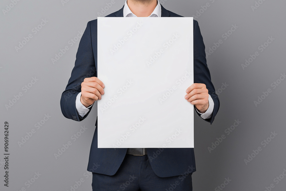 Businessman holding blank paper mockup in suit on grey background, ideal for branding or presentation Businessman holding blank paper mockup in suit on grey background, ideal for branding or presentation