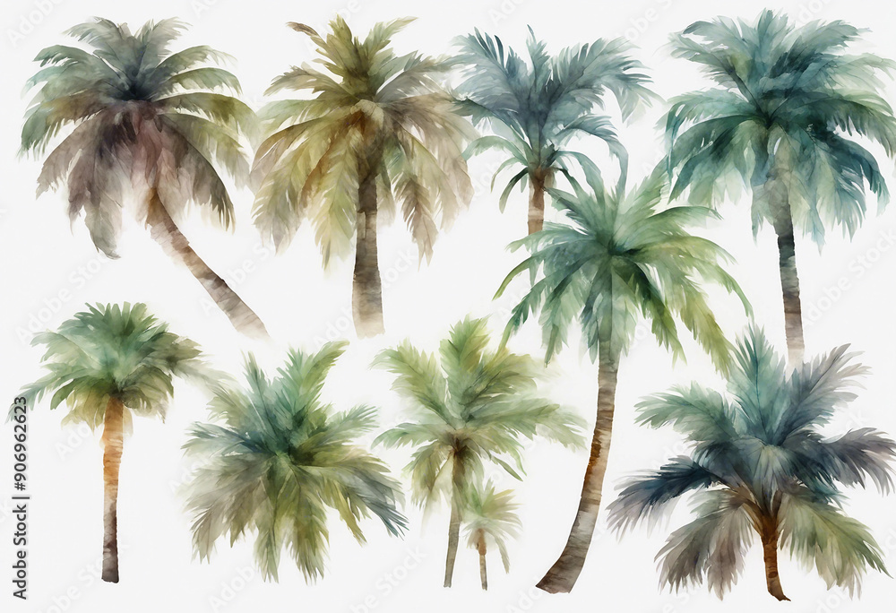 Set of various beautiful watercolour tropical palm trees isolated on transparent background Set of various beautiful watercolour tropical palm trees isolated on transparent background