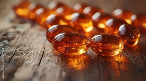 Close Up of Amber Colored Pills on Wooden Background.