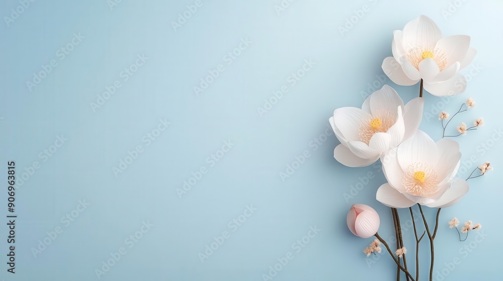 Fototapeta premium White Flowers on Light Blue Background.