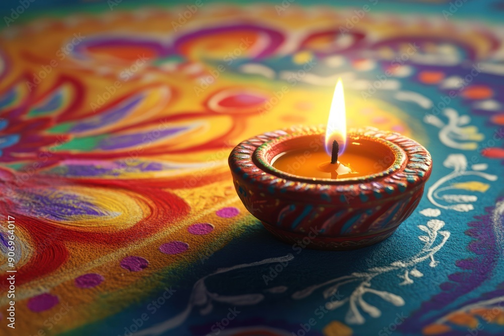 A Lit Clay Diya on a Colorful Rangoli Pattern A Lit Clay Diya on a Colorful Rangoli Pattern