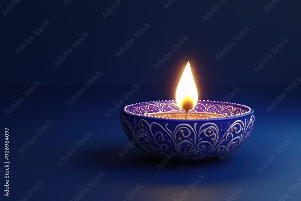 Blue and White Ornate Diya with a Lit Flame Blue and White Ornate Diya with a Lit Flame