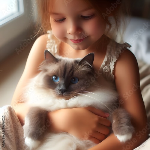Little Girl Holding a White Cat with Blue Eyes