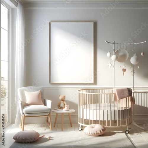Nursery Interior Design with Round Crib and Blank Canvas