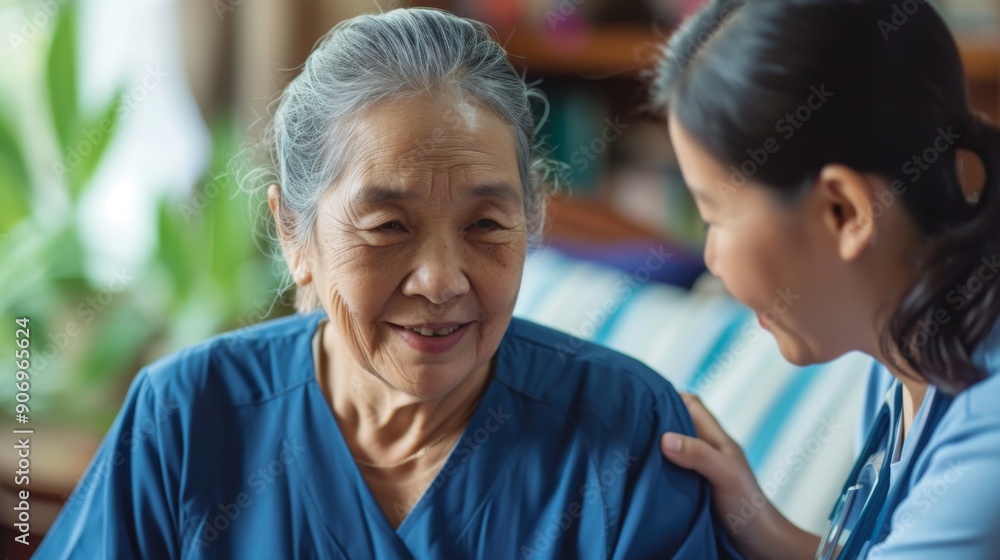 An Asian senior woman being assisted by a nurse An Asian senior woman being assisted by a nurse
