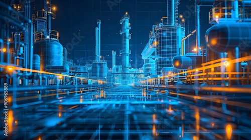 Futuristic Industrial Landscape with Digital Overlay