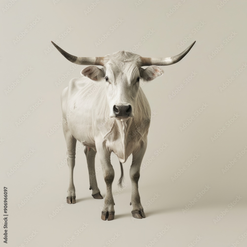 Naklejka premium Medium shot of a cow full body shot, isolated on a light solid pastel white background,
