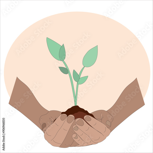 Hands hold earth with green sprout of new plant on white background for replanting and repopulating the planet with trees. Ecology and planet protection day concept