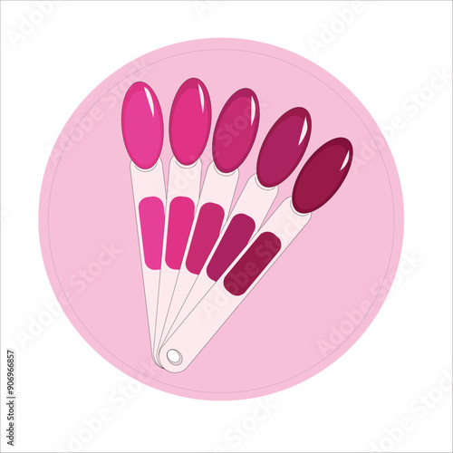 Samples palette mockup for demonstrating the colors of nail polish and gel polish, set of artificial nails on white background with color examples
