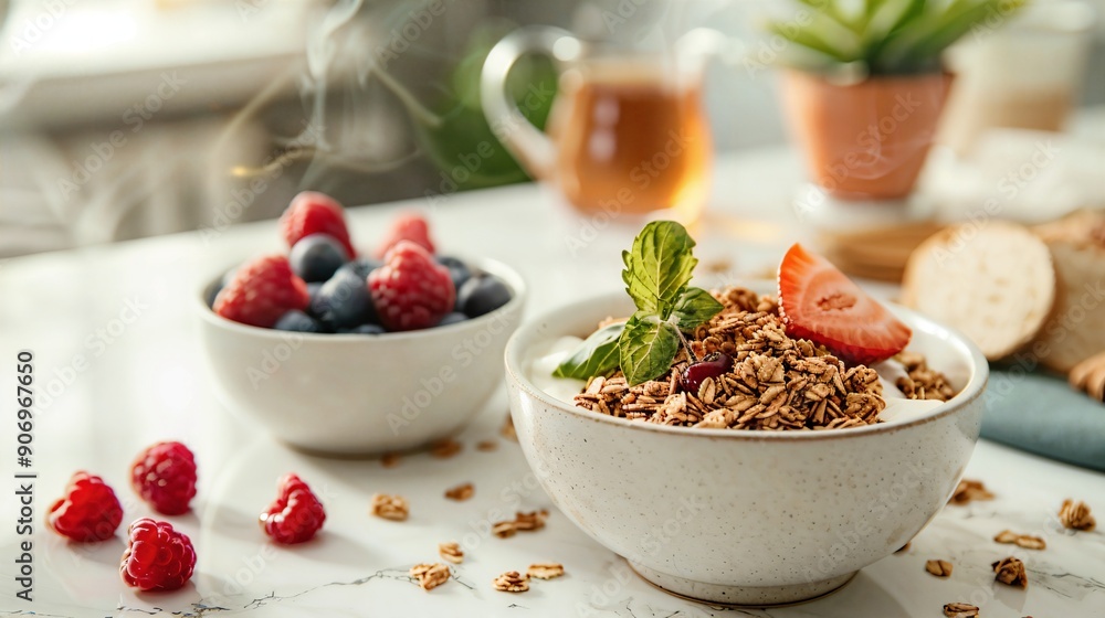 a bowl of granola and a bowl of fruit on a table a bowl of granola and a bowl of fruit on a table