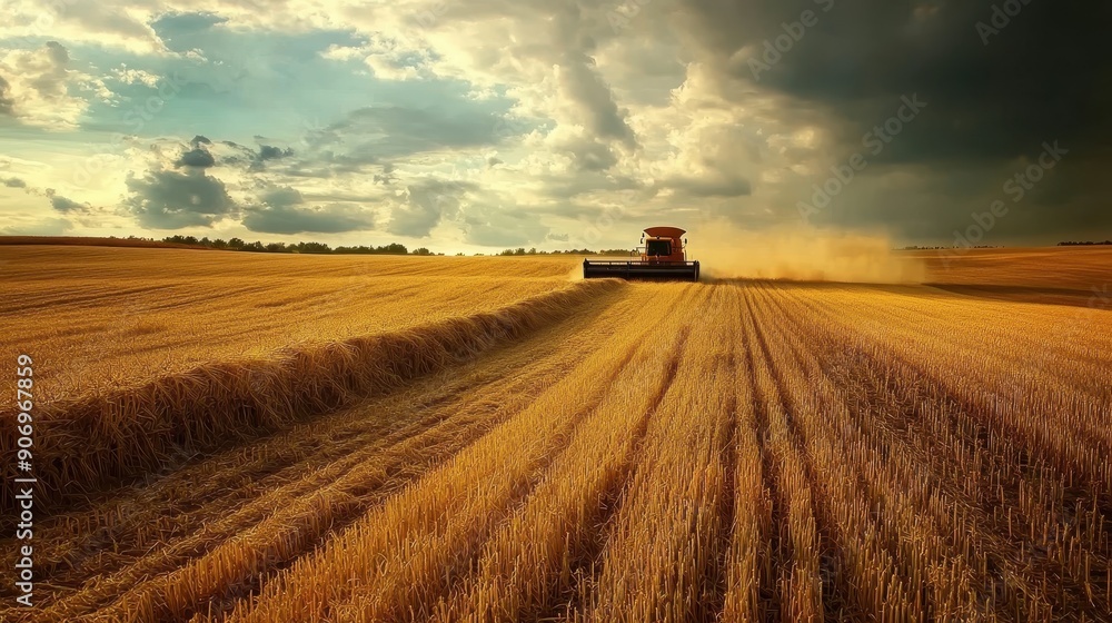 Combine harvester in a golden wheat field during the harvest season, with a dramatic sky overhead Combine harvester in a golden wheat field during the harvest season, with a dramatic sky overhead