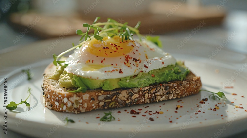 a white plate topped with an egg and avocado sandwich a white plate topped with an egg and avocado sandwich