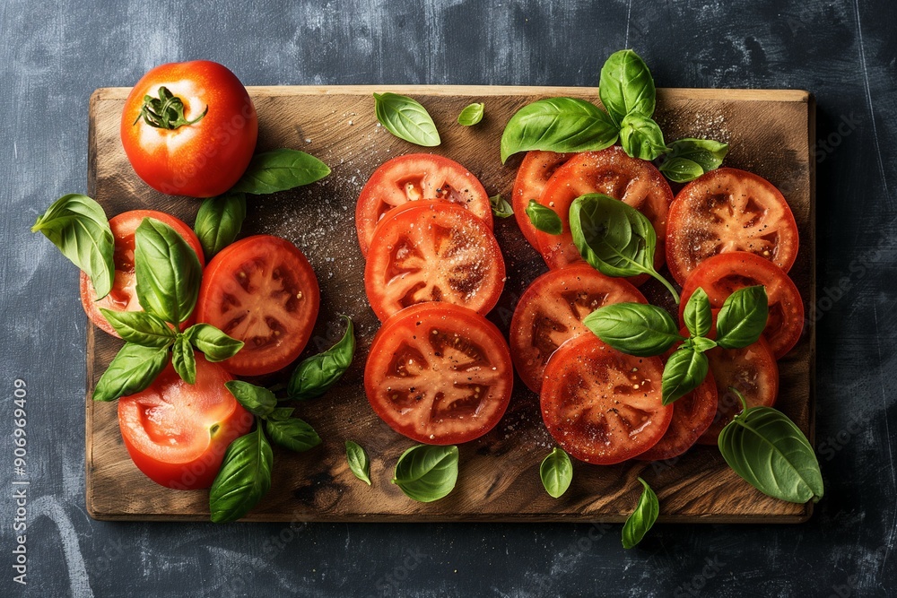 Tomato slices and basil leaves on a cutting board with salt Tomato slices and basil leaves on a cutting board with salt