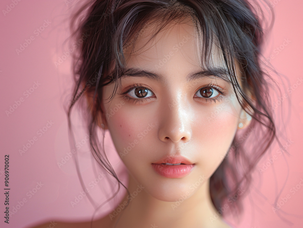 a young woman with long dark hair and rosy cheeks. She has a pink shirt on and is looking to her right. a young woman with long dark hair and rosy cheeks. She has a pink shirt on and is looking to her right.