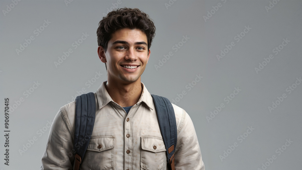 Obraz premium 3D-Rendered First-Year College Student in Casual Attire with Backpack, Smiling Confidently on White Background