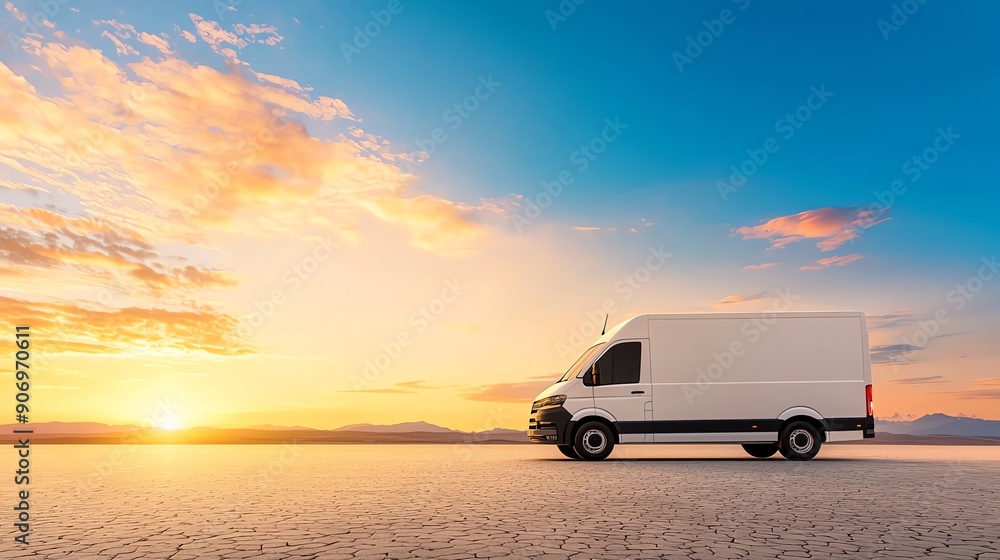 White delivery van parked on a desert road at sunset. White delivery van parked on a desert road at sunset.
