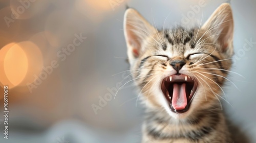Playful Tabby Kitten Yawning in a Cozy Indoor Setting During Afternoon Light