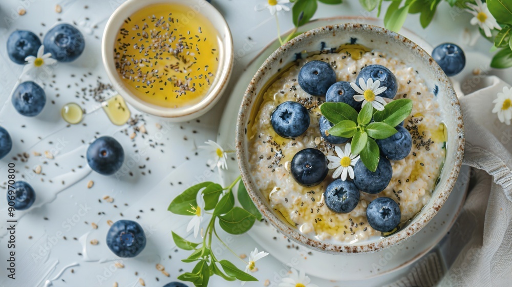 a bowl of oatmeal with blueberries and flowers a bowl of oatmeal with blueberries and flowers