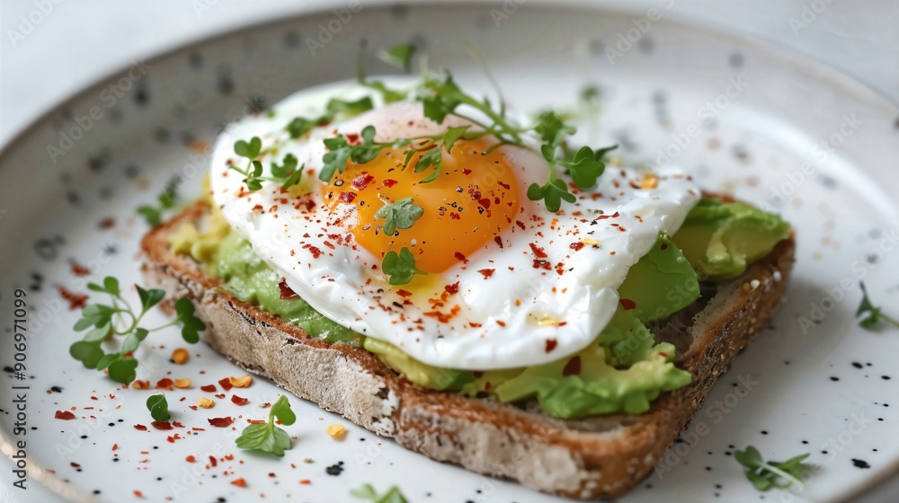 a white plate topped with a piece of bread and an egg a white plate topped with a piece of bread and an egg