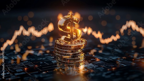 Golden dollar sign on stack of coins with glowing chart in background.