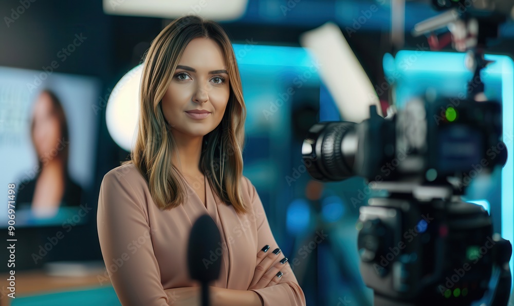 Fototapeta premium Confident female TV news anchor in smart dress on set.
