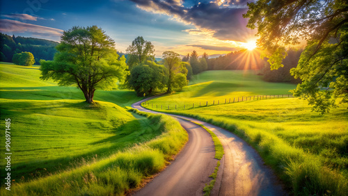 Vibrant green meadow and dramatic sky framing a peaceful country road.