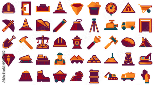 Set of mining industry icons representing equipment and processes