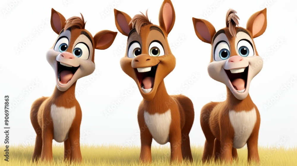 Naklejka premium Set of vibrant 3d cute happy cartoon horse characters isolated on white background in png format