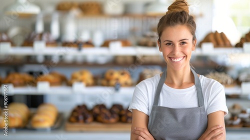 Smiling Baker in an Attractive Bakery With Fresh Pastries on Display