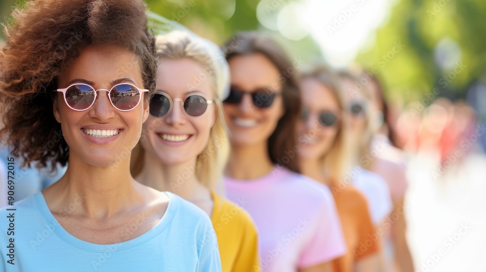 Smiling Women in Colorful Outfits at a Summer Outdoor Event Smiling Women in Colorful Outfits at a Summer Outdoor Event