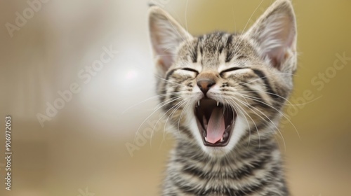 Playful Tabby Kitten Yawning in a Cozy Indoor Setting During Afternoon Light