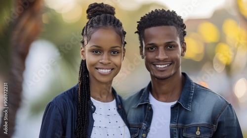 Smiling Couple Standing Together in a Park During Golden Hour