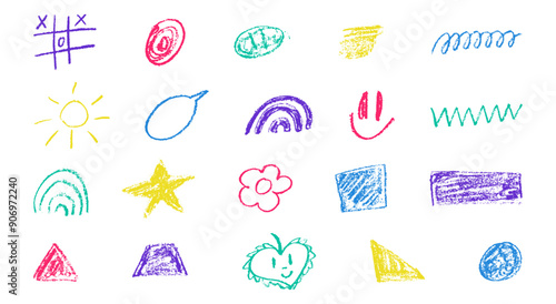 Crayon color pencil texture and hand drawn wax element. Children star, circle, shape. Childish chalk pencil scribble.