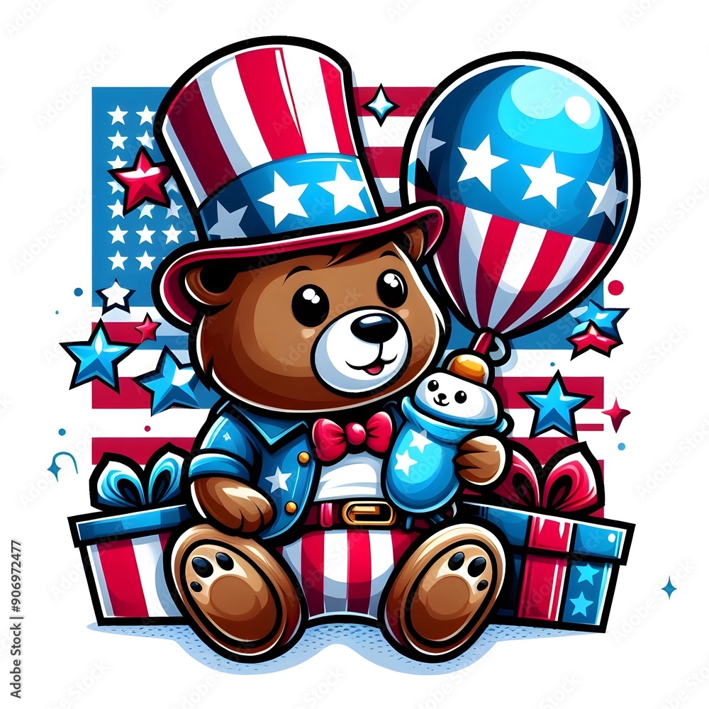 Fototapeta premium Patriotic Teddy Bear with Balloon and Gifts