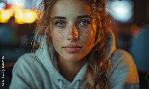 A bored girl is watching a football game with her boyfriend. photo