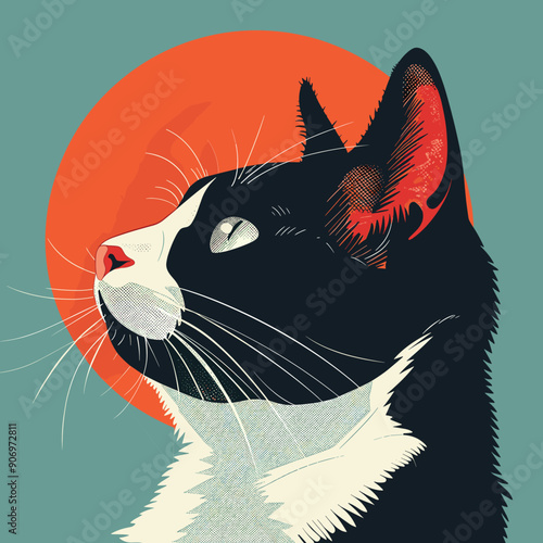 Black white tuxedo cat portrait against orange circle, retro style. Tuxedo cat whiskers, sharp eyes, detailed fur, artistic design, teal background, gaze profile, vibrant contrasting colors