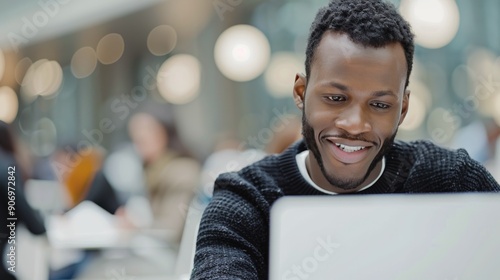 Smiling Man Working on Laptop in Cozy Modern Cafe During Daylight Hours