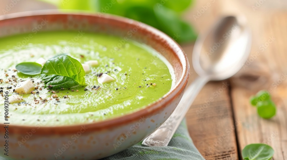Fresh Green Basil Soup With Cream and Herbs in a Cozy Kitchen Setting Fresh Green Basil Soup With Cream and Herbs in a Cozy Kitchen Setting